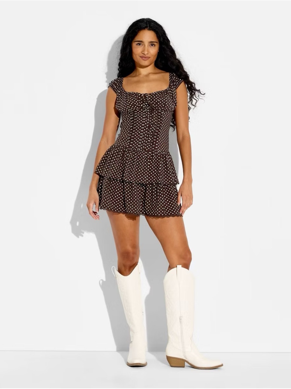 wild fable Women's Cap Sleeve Mini A-Line Dress Brown Polka Dots M